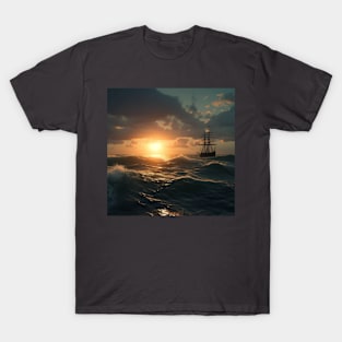 Beautiful sunset over the sea, an old ship sails T-Shirt